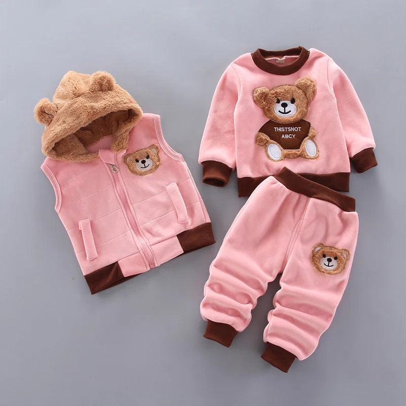 Winter-Baby-Kleidungssets, Herbst-Outfits für Jungen und Mädchen, dicke, warme Anzüge, Kapuzenpullover, Cartoon-Motiv, niedlicher Bär, dreiteilige Kinder-Outfits, 0–4 Jahre