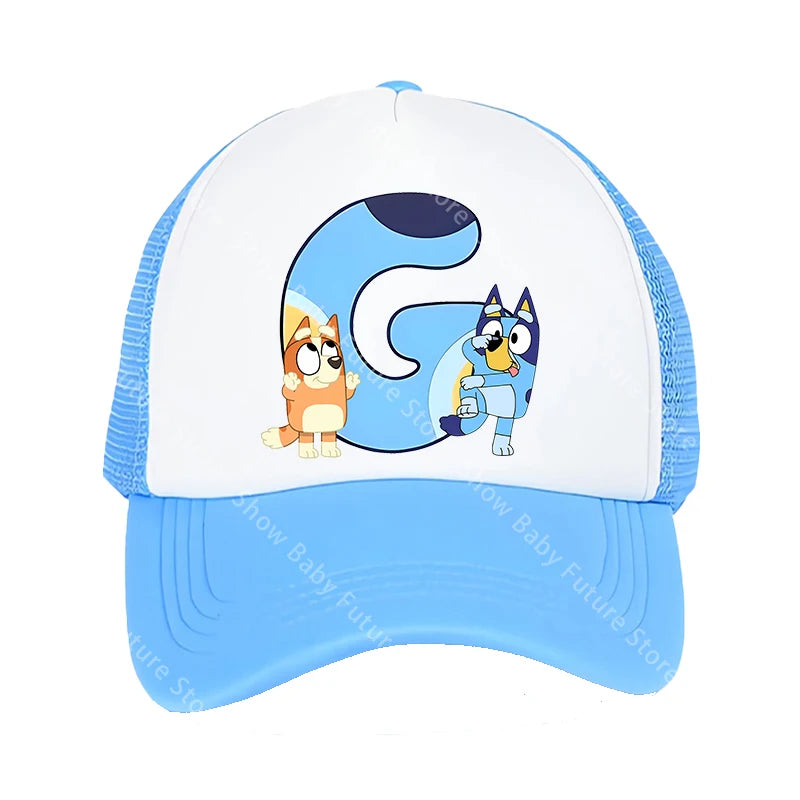 Blueys Baseballkappen für Erwachsene, Jungen und Mädchen, Kawaii-Buchstaben, zwei Größen, atmungsaktive Sport-Mesh-Mütze, niedlicher Cartoon-Anime-Sonnenhut, Geschenke