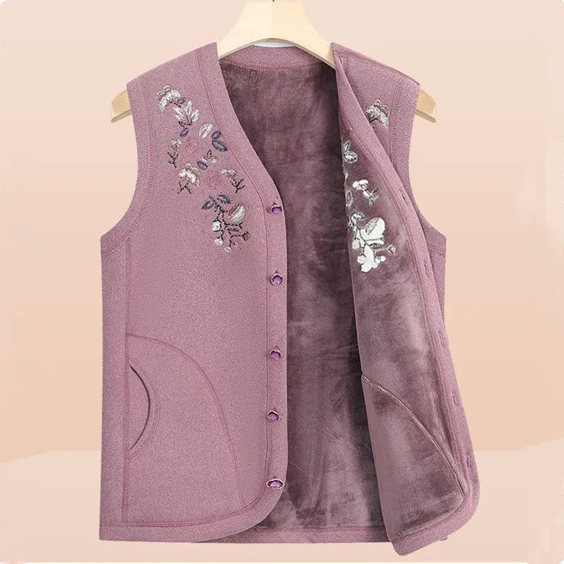 Oma Herbst Winter Weste Frau Stickerei Einreiher Plüsch Warme Ärmellose Jacke Weibliche Casual Weste Mantel 4XL 2925