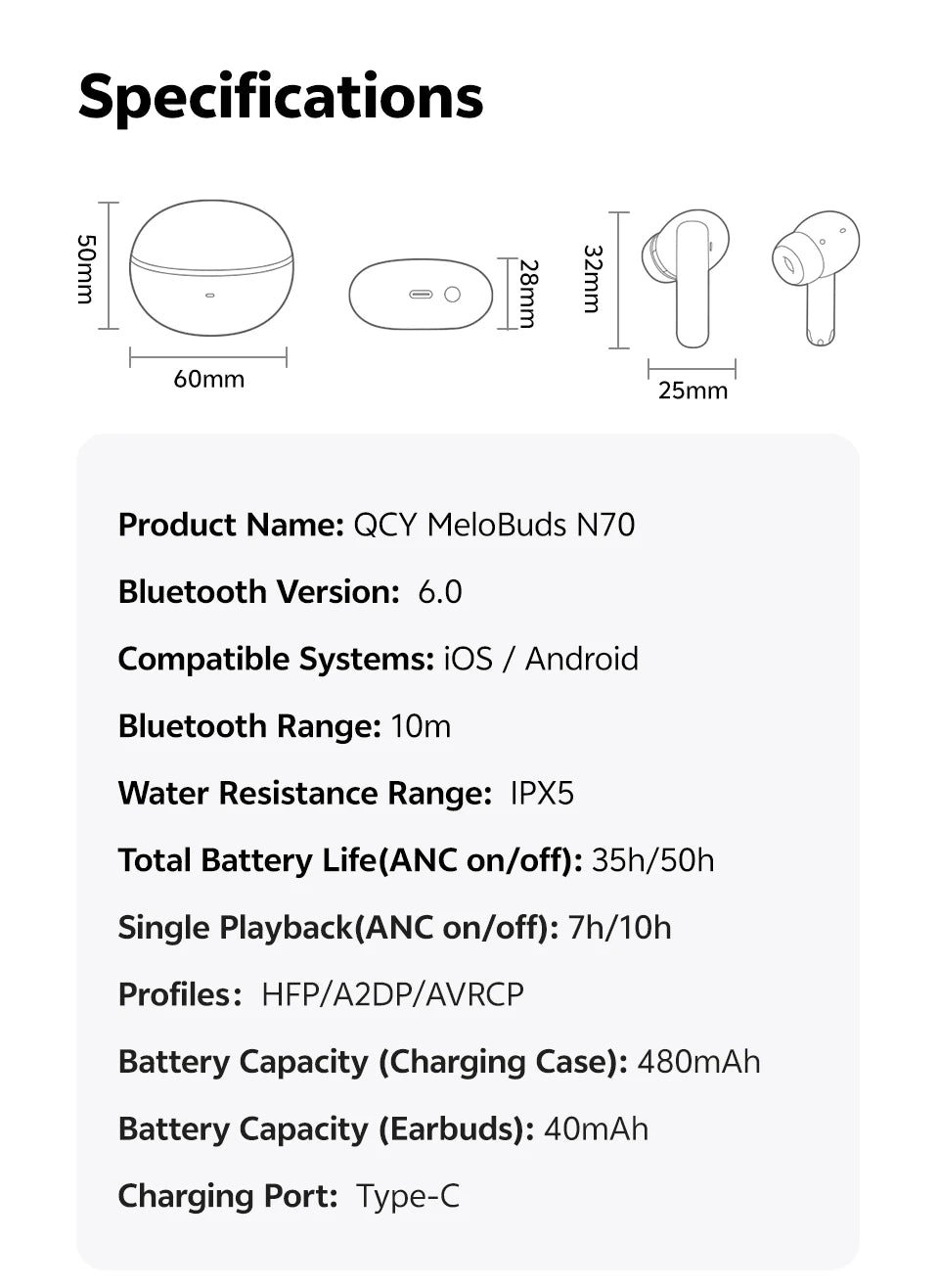QCY MeloBuds N70 Adaptive ANC Wireless Earbuds Bluetooth 6.0 LDAC Hi-Res Audio 6 Mikrofone Wireless Charging Kopfhörer 50 Stunden IPX5