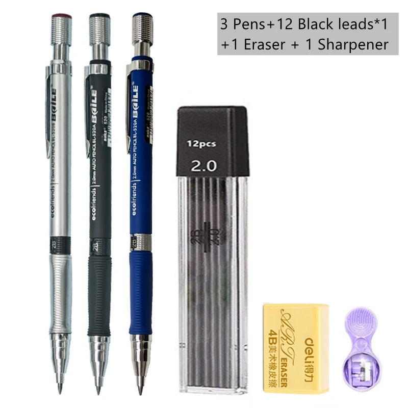 Druckbleistift-Set 2,0 mm mit 2B-Schwarz/Farben-Minenminen zum Schreiben, Skizzieren, Kunst, Zeichnen, Malen, Schule, automatischer Bleistift