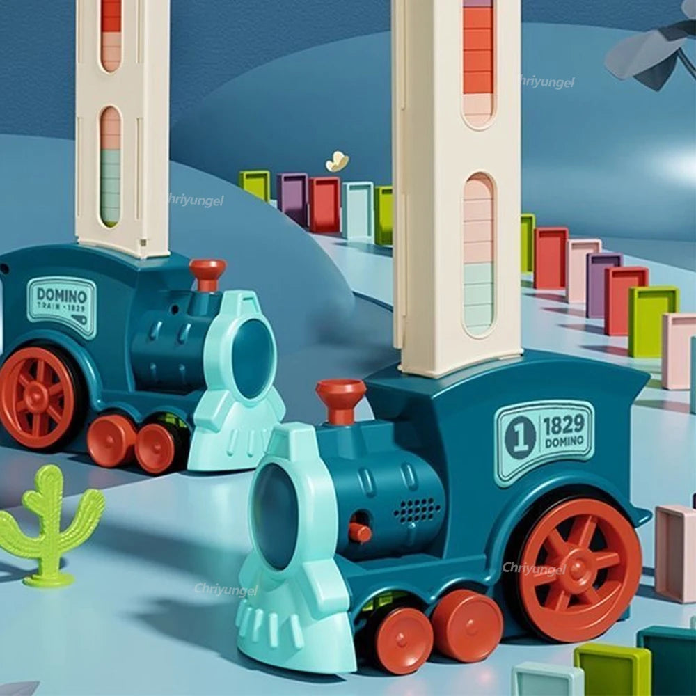 Domino-Zug für Kinder, automatisches Verleggen von Elektroautos, buntes Dominosteinen-Set, Ziegelblöcke, Kits, Spiele, Lernspielzeug, Geschenk für Mädchen und Jungen