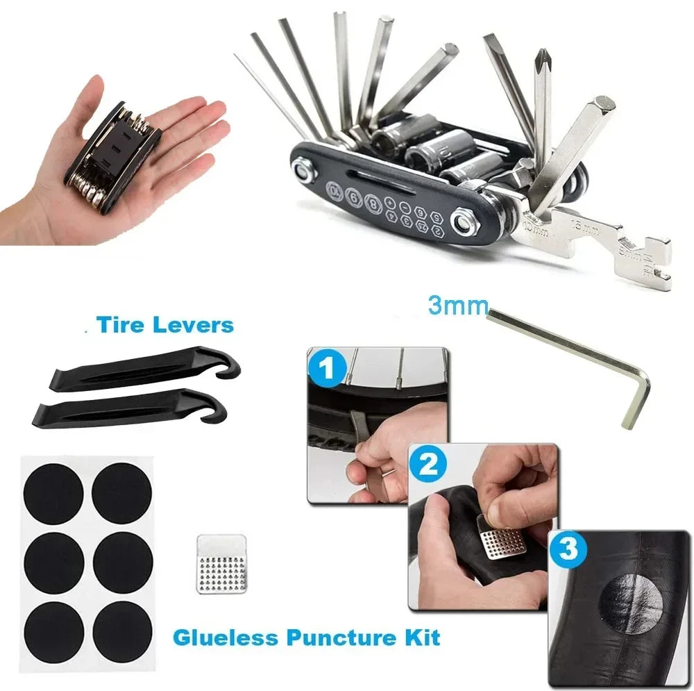 Bicycle Repair Tool Kit, Bike Accessories, Multi-Tool Kit with Pump Tire Patch, Portable Car Tool Kit for Mountain Road Bike Tire
