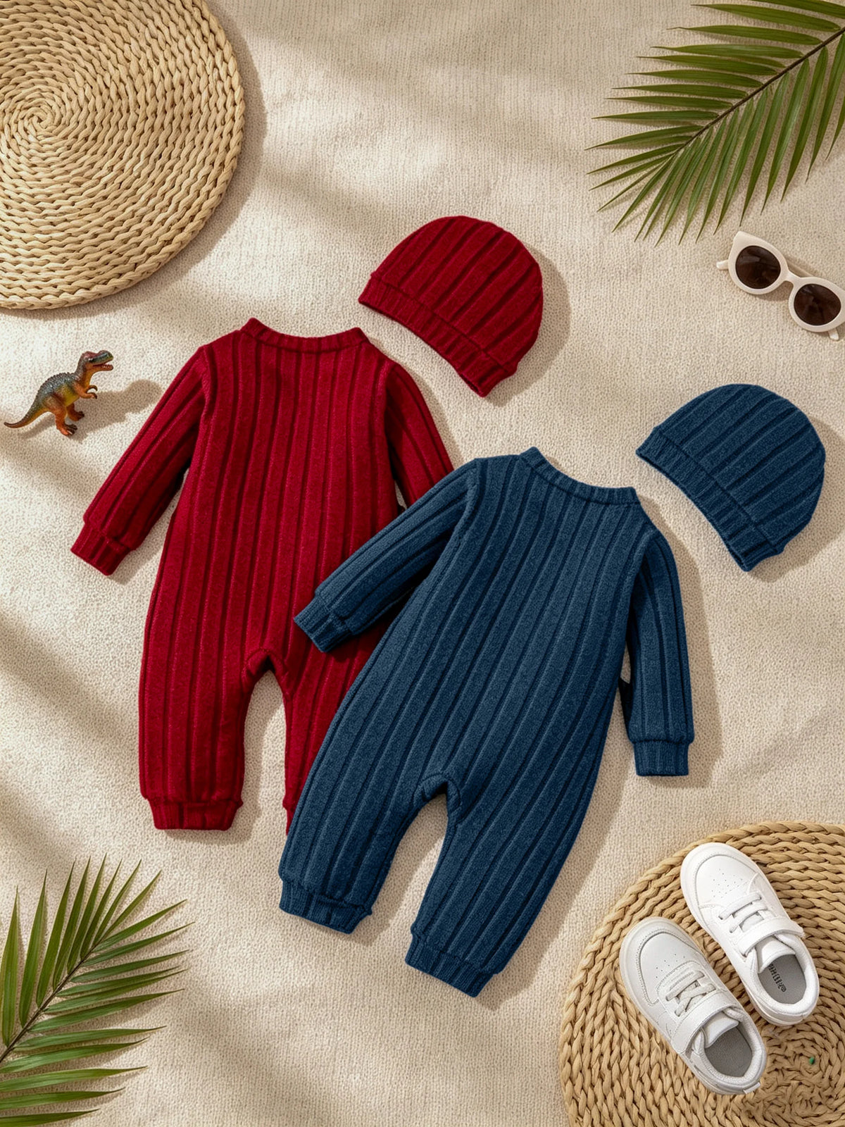 【Baby Junge】Herbst- und Winter-Strampler in Rot mit Knöpfen vorne und niedlichem Bärenabzeichen auf der Brust + Set mit roter Mütze mit einem W