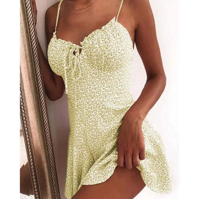 Mini-Kleider in A-Linie mit Blumenmuster, sexy Damen-Dating-Kleid, trägerloses, rückenfreies Kleid, Boho, einfarbig, Strandkleidung