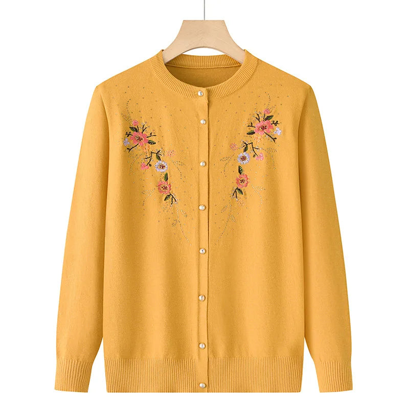 Mittleren Alters und ältere Frauen Stickerei Strickjacke Jacke einreiher schlanke Pullover Mantel dünne Frühling Oma Kleidung