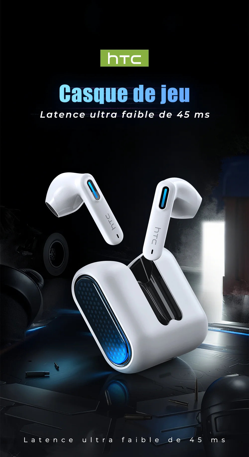 HTC NE49 Bluetooth-Kopfhörer V6.0 TWS Sport-Funkkopfhörer Ultra-geringe Latenz-Spiel-Headset-Ohrhörer Lange Lebensdauer