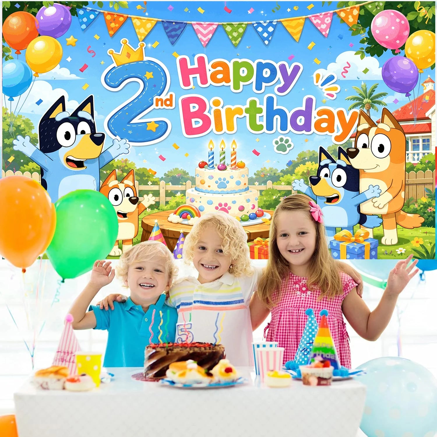 Kinder 2 Jahre Geburtstag Stoff-Hintergrund Bluey Themenparty Cartoon-Dekoration Kuchen Ballons Flaggen Geschenke Fotowand Kinderparty