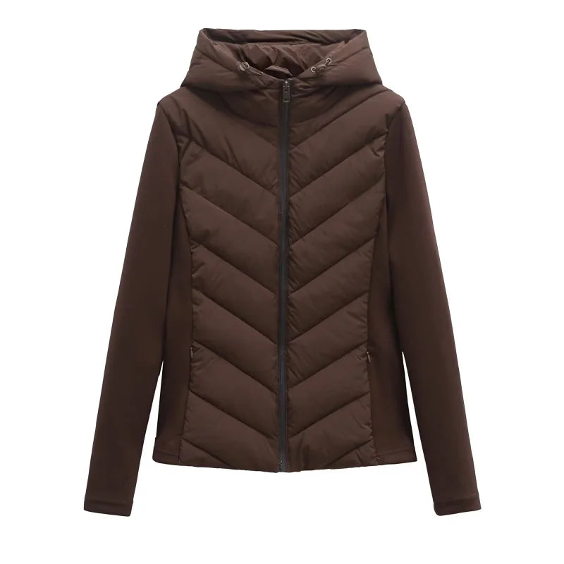 ETJ 2025 neue Damen-elegante Mode-Patchwork-Langarm-Stehkragen-Baumwolljacke mit Kapuze, Sportmantel 8073227
