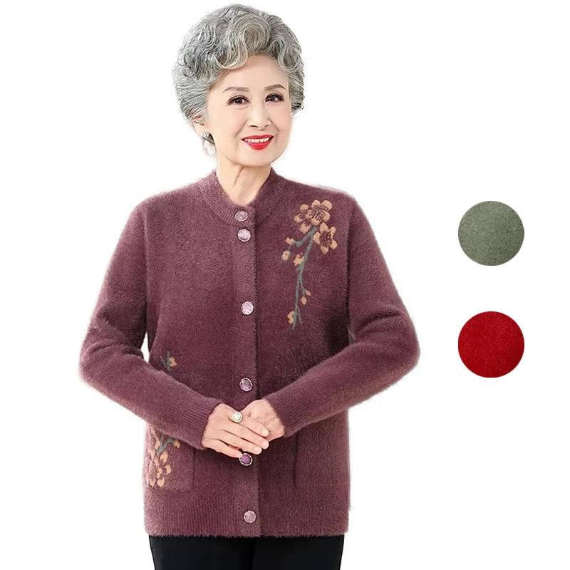 Oma Dicke Warme Nerz Samt Pullover Top Winter Mittleren Alters Mutter Draußen Tragen Strickjacke Jacke Vintage Frauen Gestrickte Mantel