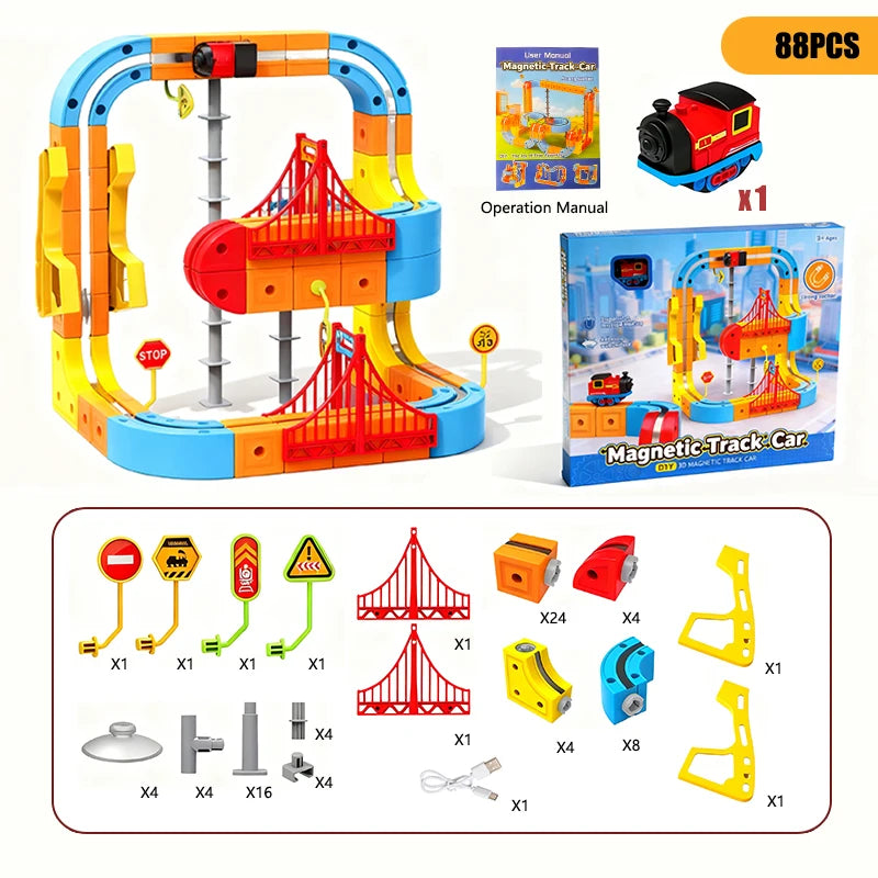 Magnetisches Elektrisches Eisenbahnset Magische Schienenbahn DIY Würfelspielzeug Kreatives Lernmodell Eisenbahnautos Spielzeug Geschenke für Kinder Jungen ab 3 Jahren