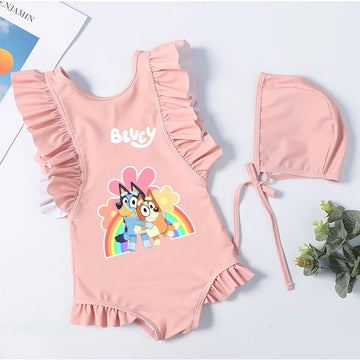 Cartoon Bluey Mädchen Sommer-Badeanzüge Kinder Einteilige & Bikini-Sets mit Badekappe Strandkleidung Bademode für Kinder