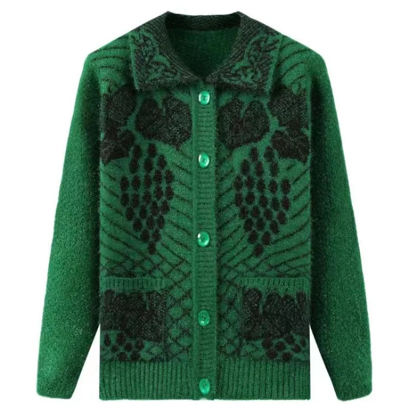 Lässiger Stil Dicker Jacquard-Strick-Cardigan für Ältere Frauen Warmer Mantel für Mütter und Großmütter