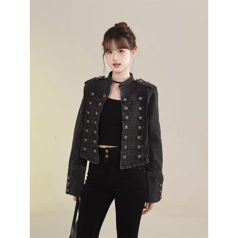 Damenbekleidung Kurzmantel Neue Jeansjacke Retro-Knopfdesign Schlanker Stehkragen Lange Ärmel Jeansoberteil Jacke Kurzmantel