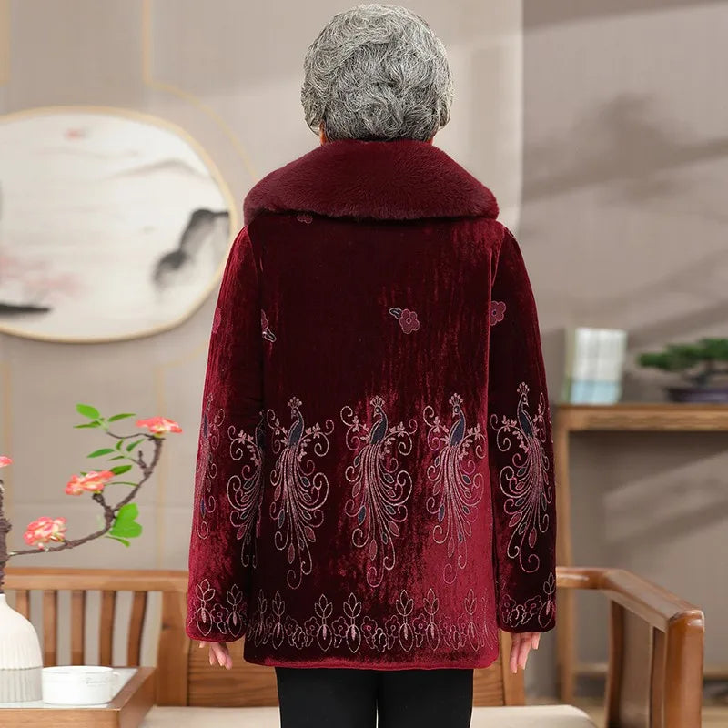 Winter-Damenjacke mit Baumwollpolsterung, 50 bis 80 Jahre alt, Oma-Mantel, dicker Samt, warm, mittleres Alter, Mutterpositionierung, Blumenparka