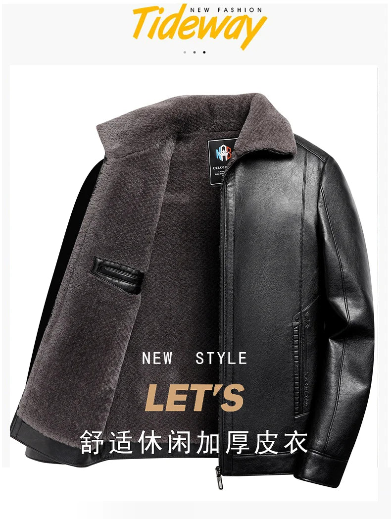 Fügen Sie Fleece und verdickende Winter-Papa-Lederjacke für Opa mittleren Alters mit Pelzkragen, Mantel für Herren mittleren Alters für Wärme hinzu