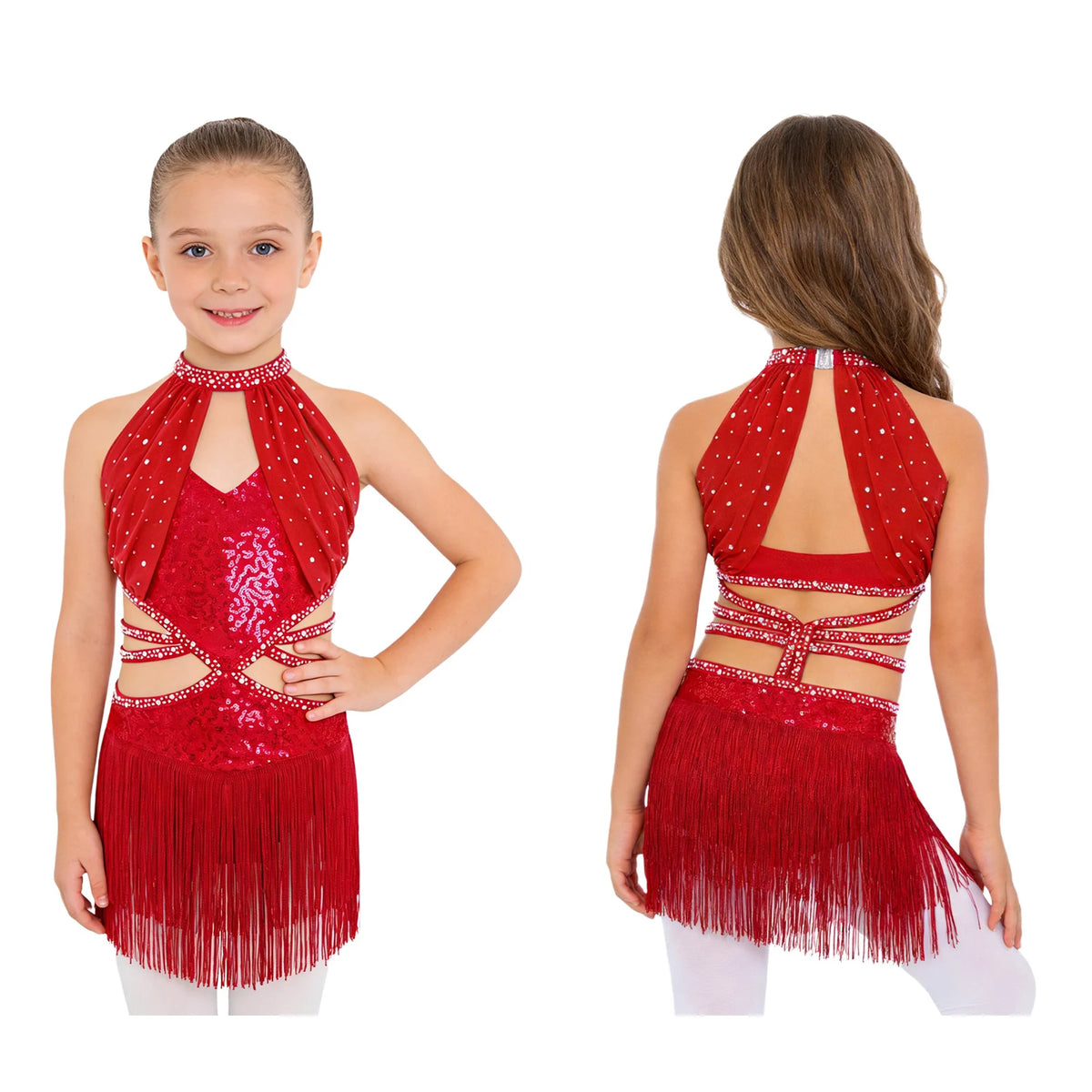 Glitzerndes Pailletten-Lateintanzkleid für Mädchen, Salsa, Jazz, Tango, ärmellos, gerüschtes Mesh-Overlay, Oberteil mit Quasten, Leotard-Kleid