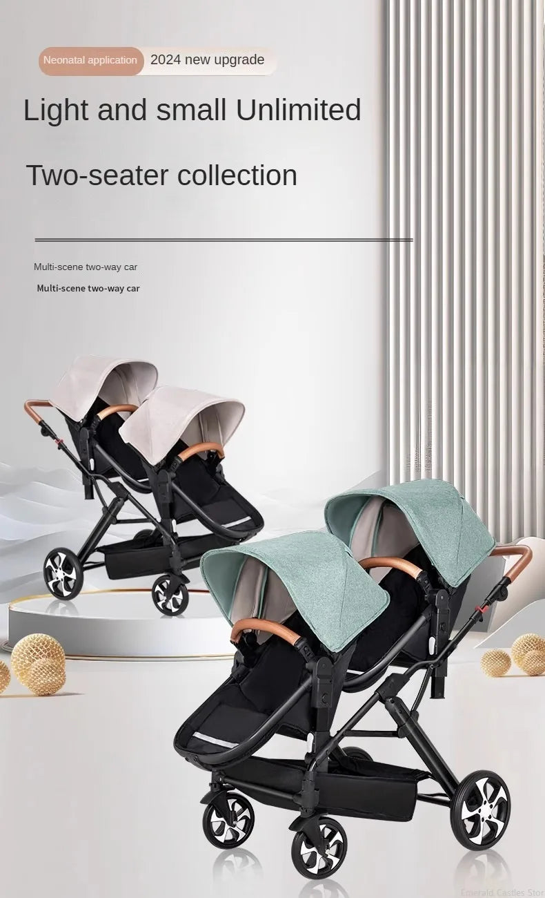 3-in-1-Zwillings-Kinderwagen mit Autositz für zwei Kinder, faltbar, stoßdämpfender Kinderwagen mit hoher Landschaft