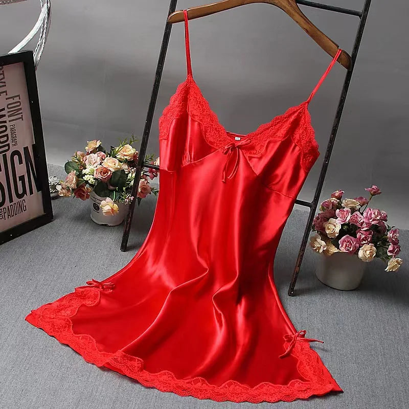 Damen Satin-Nachthemd mit Spitzenbesatz, Sexy Spaghetti-Träger Nachtwäsche, Seidig Glattes Nachthemd, Elegante Lingerie für Zuhause