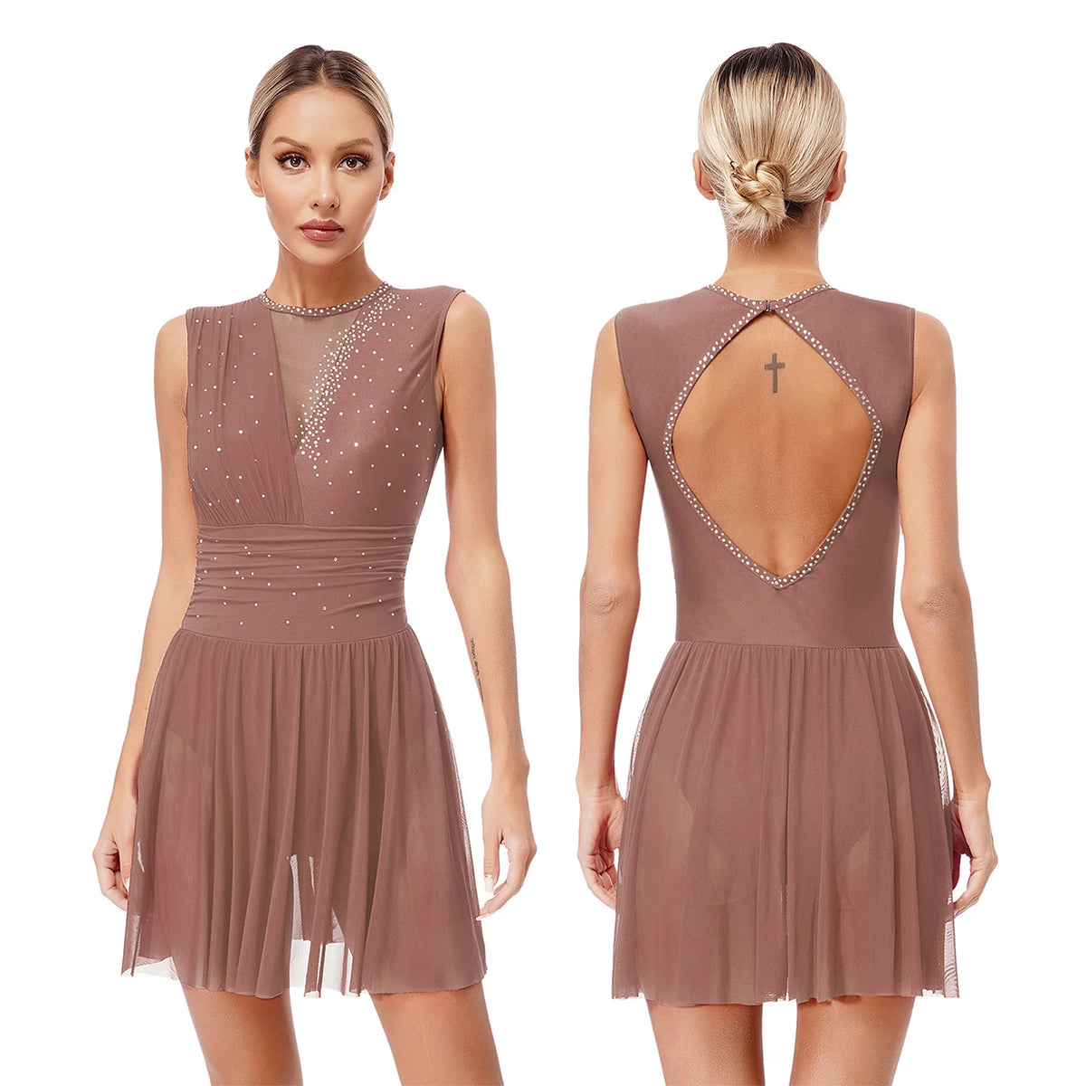 Damen-Ballettkleid mit Rüschen, lyrisches Tanzkleid, runder Kragen, ärmellos, Strass, rückenfrei, für Bühnenauftritte, Wettbewerb