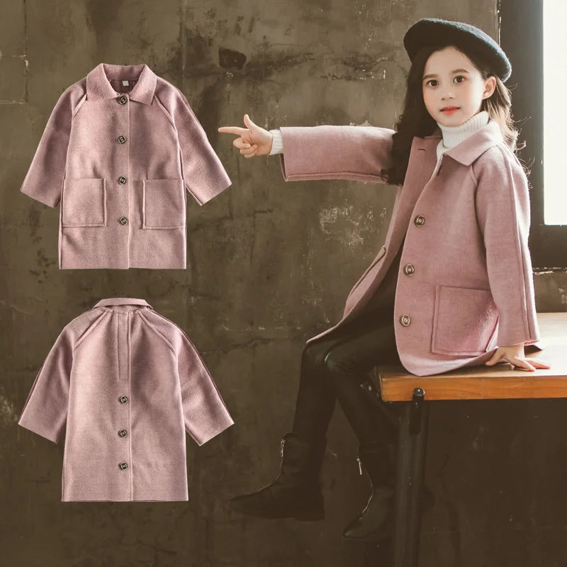 Mädchen Wolle warme Mäntel Kinder Herbst Winter lässige Oberbekleidung Kinder feste Farbe Mode Jacke Teen Turndown Kragen Kleidung