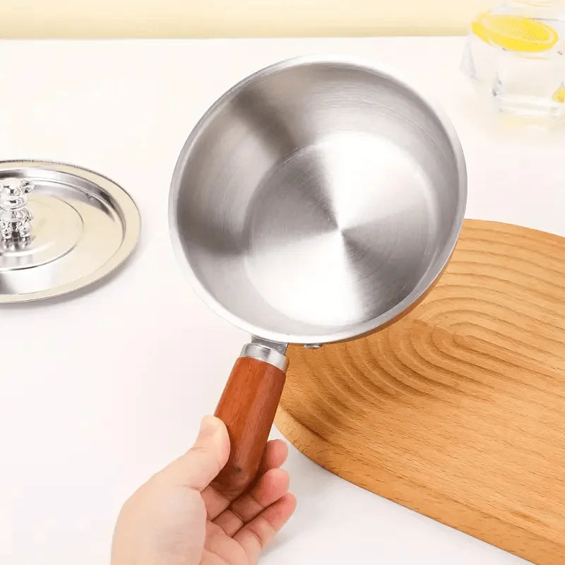 1-teiliger Edelstahltopf mit hitzebeständigem Holzgriff – Induktionskompatibel, rutschfeste Basis, gleichmäßiger Milchtopf mit Wärmeverteilung