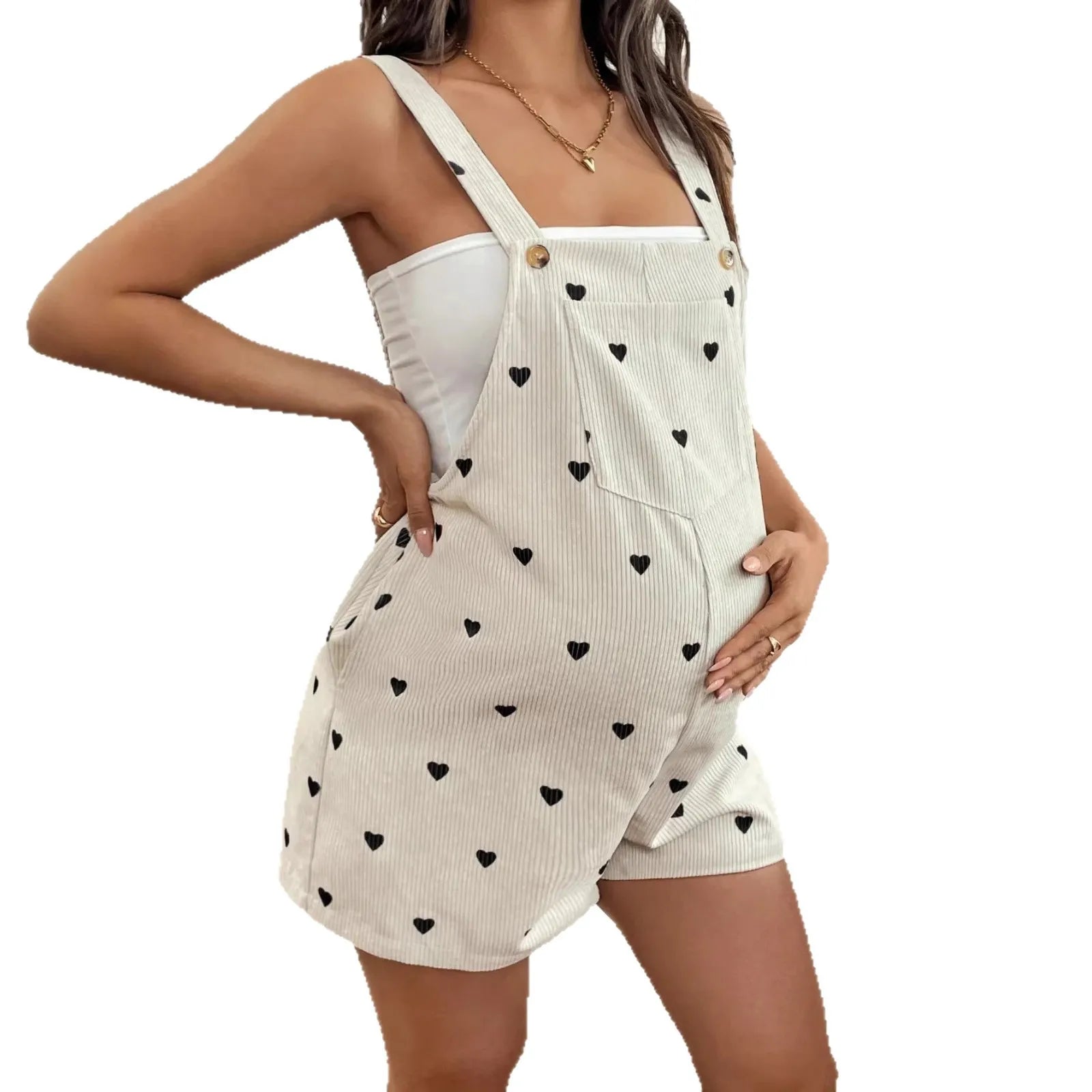 Umstands-Overalls für schwangere Frauen, Herz-Blumendruck, verstellbare Taille, Shortalls, Strampler, Frühling, Sommer, lässige Schwangerschaftskleidung