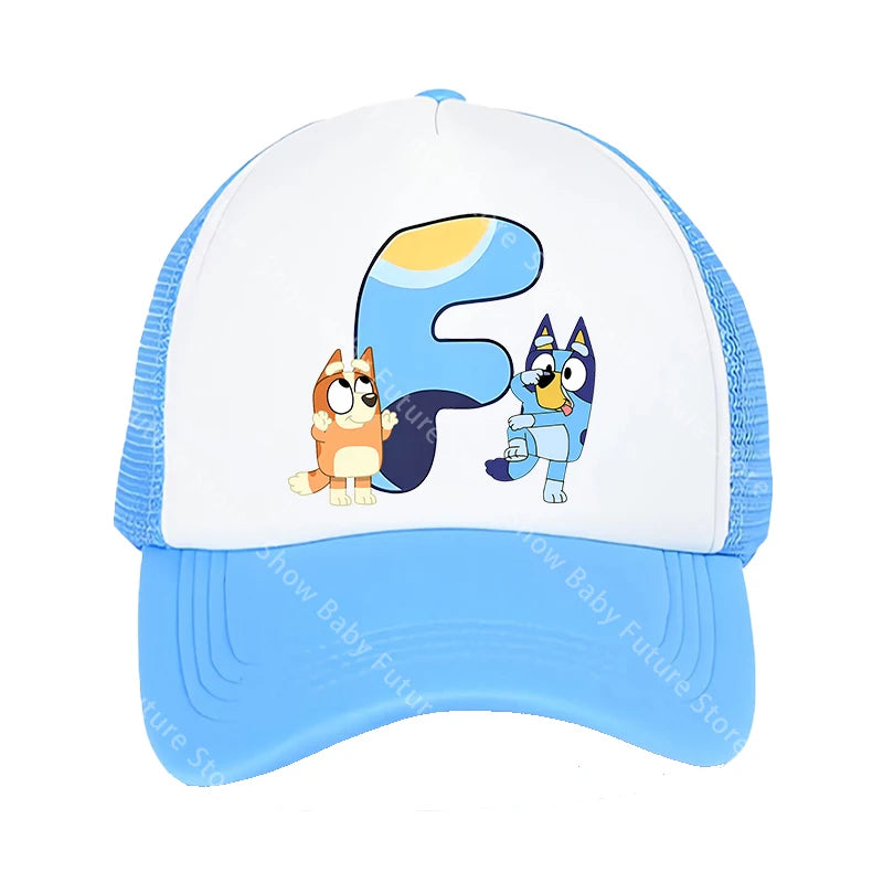 Blueys Baseballkappen für Erwachsene, Jungen und Mädchen, Kawaii-Buchstaben, zwei Größen, atmungsaktive Sport-Mesh-Mütze, niedlicher Cartoon-Anime-Sonnenhut, Geschenke