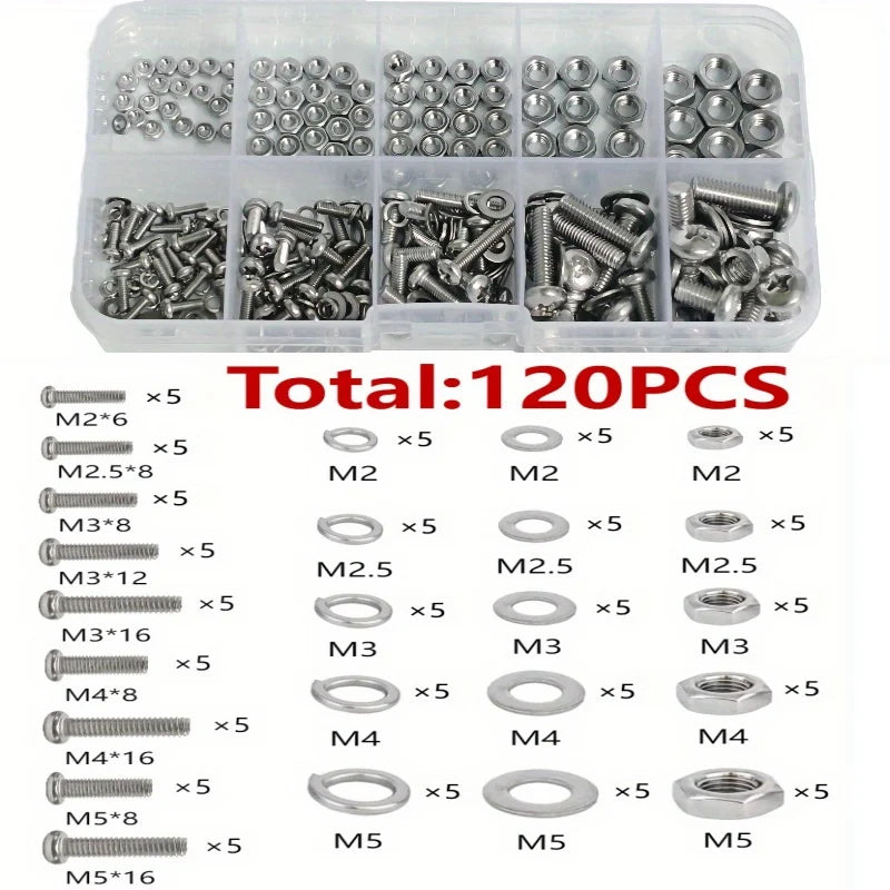 Hex Nut and Bolt Set - 320pcs/120pcs, Durable Metric Sizes M2 - M5, Universal Hardware Kit for DIY Projects and Repairs.