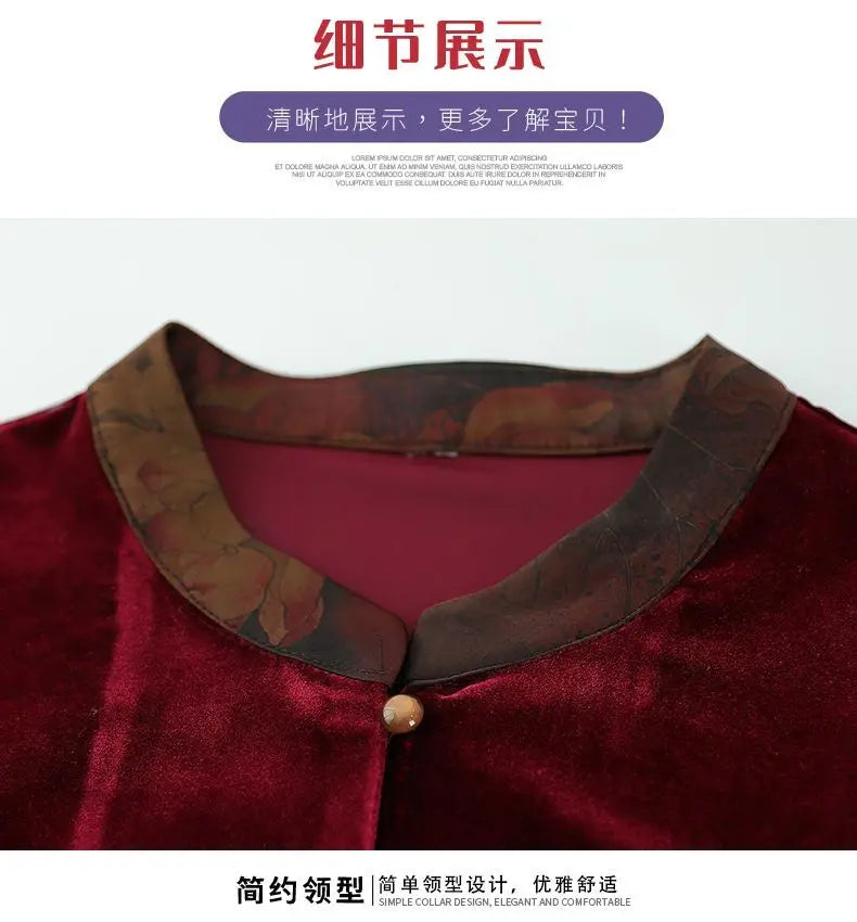 Samtjacke für ältere Frauen, Frühling/Herbst, Blumenmuster, Stehkragen, lange Ärmel, locker geschnittener Mantel für alte Großmütter