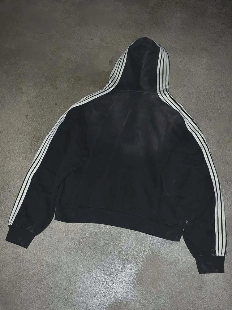 Kurze Kapuzenjacke mit Reißverschluss für Junge Männer, Oversized mit Fallenden Schultern, Gestreiften Ärmeln, Ösen-Taschen, Vintage-Schriftzug, Dunkler Street-Style für Teenager