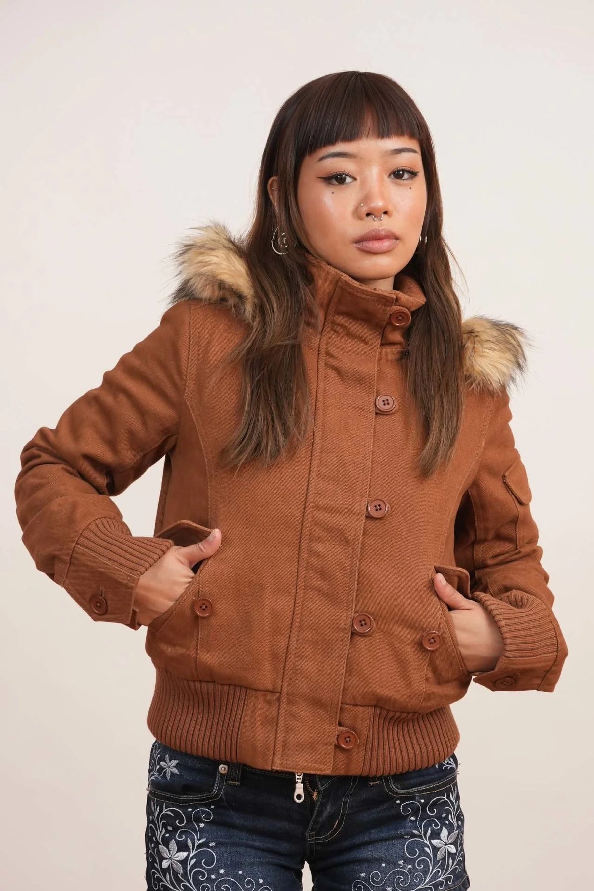 Braune Damen Slim Fit Vintage Pelzkragen Jacke Reißverschluss Kpop Y2K High Street Chic Oberbekleidung für Frauen Teenager, Herbst Winter Geschenk