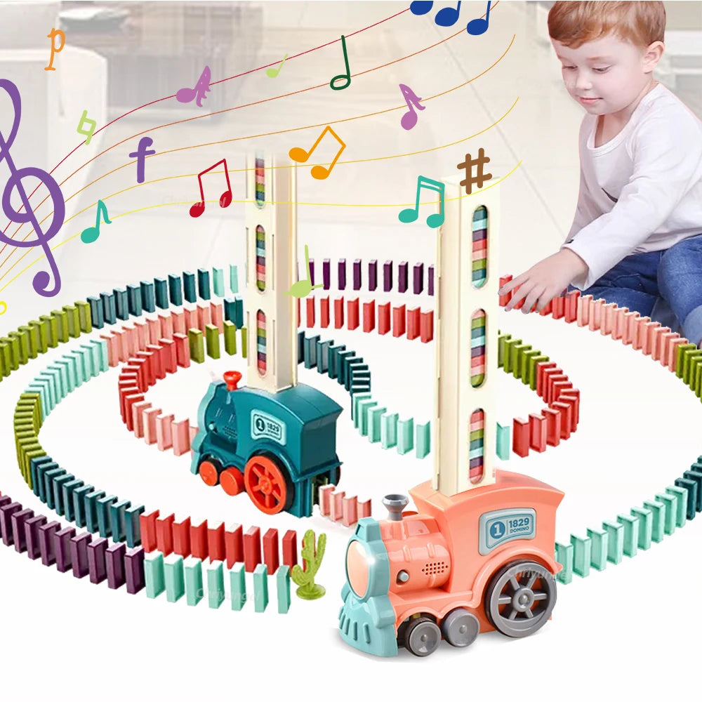 Domino-Zug für Kinder, automatisches Verleggen von Elektroautos, buntes Dominosteinen-Set, Ziegelblöcke, Kits, Spiele, Lernspielzeug, Geschenk für Mädchen und Jungen