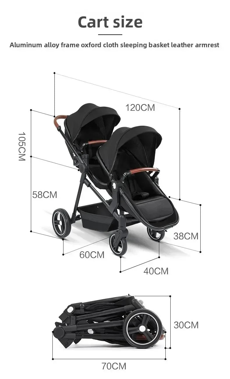 3-in-1-Kinderwagen für Zwillinge mit Autositz. Leichter, kleiner, gefalteter Handgepäck-Kinderwagen, multifunktionale Kinderwagen