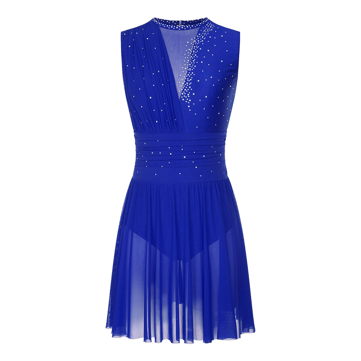Damen-Ballettkleid mit Rüschen, lyrisches Tanzkleid, runder Kragen, ärmellos, Strass, rückenfrei, für Bühnenauftritte, Wettbewerb