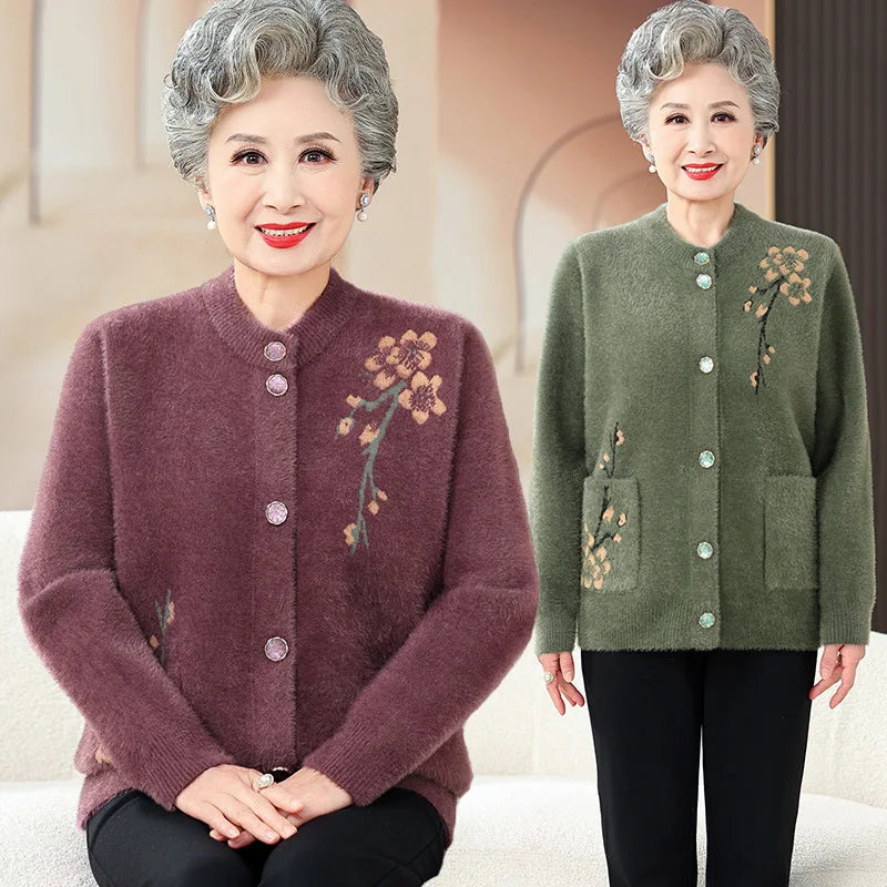 Oma Dicke Warme Nerz Samt Pullover Top Winter Mittleren Alters Mutter Draußen Tragen Strickjacke Jacke Vintage Frauen Gestrickte Mantel
