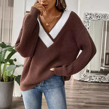 Frauen Invierno Pull Automne Femme Modische V-ausschnitt Lange ärmeln Lose Einfarbig Spleißen Pullover Pullover Herbst Modus Damen