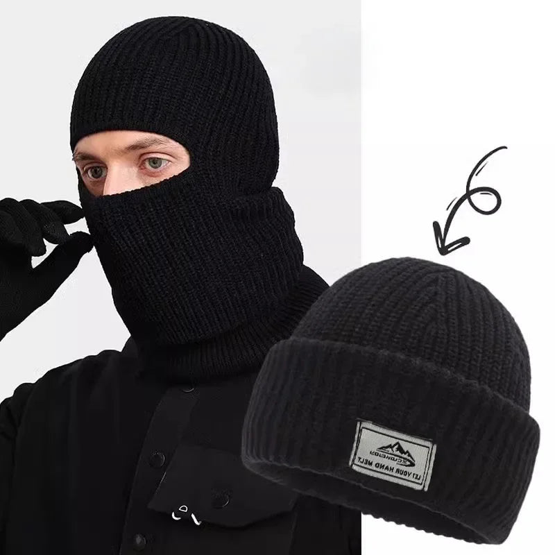 2-in-1 Winter-Maskenmütze Warme Strickmütze Winddichte Einfarbige Vollgesichts-Skimaske Taktische Fahrrad-Ohrenwärmer-Kappe