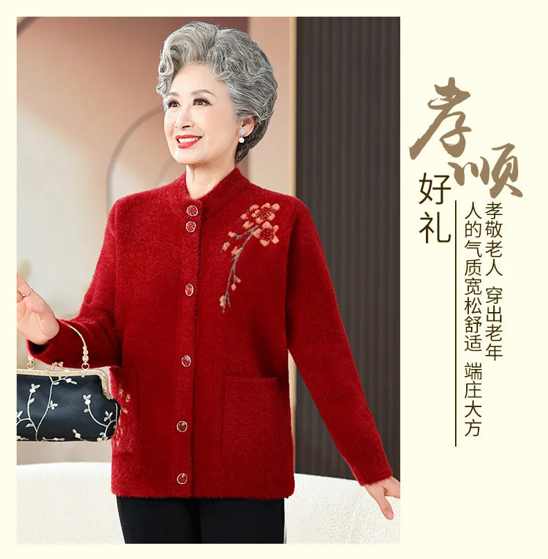 Oma Dicke Warme Nerz Samt Pullover Top Winter Mittleren Alters Mutter Draußen Tragen Strickjacke Jacke Vintage Frauen Gestrickte Mantel