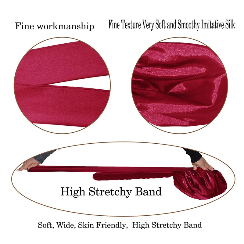 Neue Satin Schlafmütze Für Frauen Feste Breite Band Stretch Kopf Krawatte Seidige Motorhaube Rand Wrap Schlummertrunk Haarpflege Dusche Kopf Abdeckung