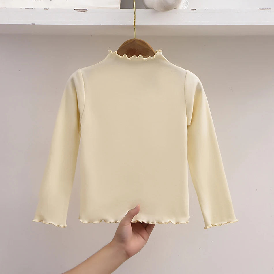 Herbst-Winter-Langarm-T-Shirt für Mädchen, einfarbig, mit Rüschenkragen, modisches, bequemes T-Shirt für den Alltag