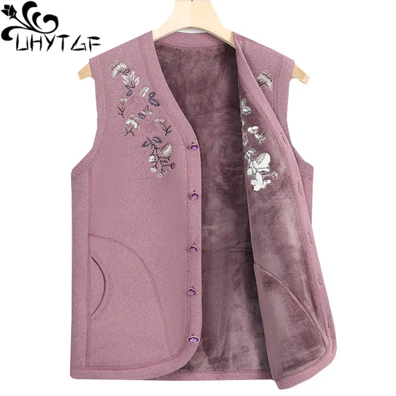 Oma Herbst Winter Weste Frau Stickerei Einreiher Plüsch Warme Ärmellose Jacke Weibliche Casual Weste Mantel 4XL 2925