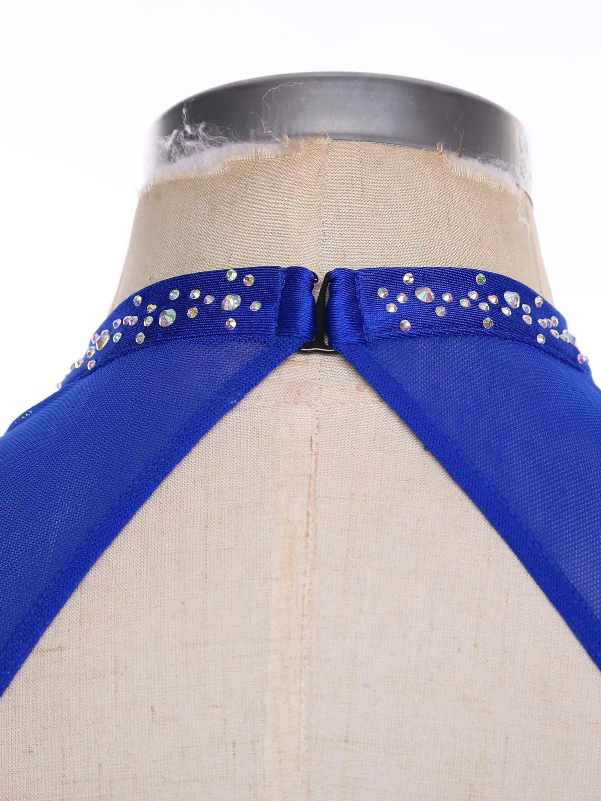 Damen-Ballettkleid mit Rüschen, lyrisches Tanzkleid, runder Kragen, ärmellos, Strass, rückenfrei, für Bühnenauftritte, Wettbewerb