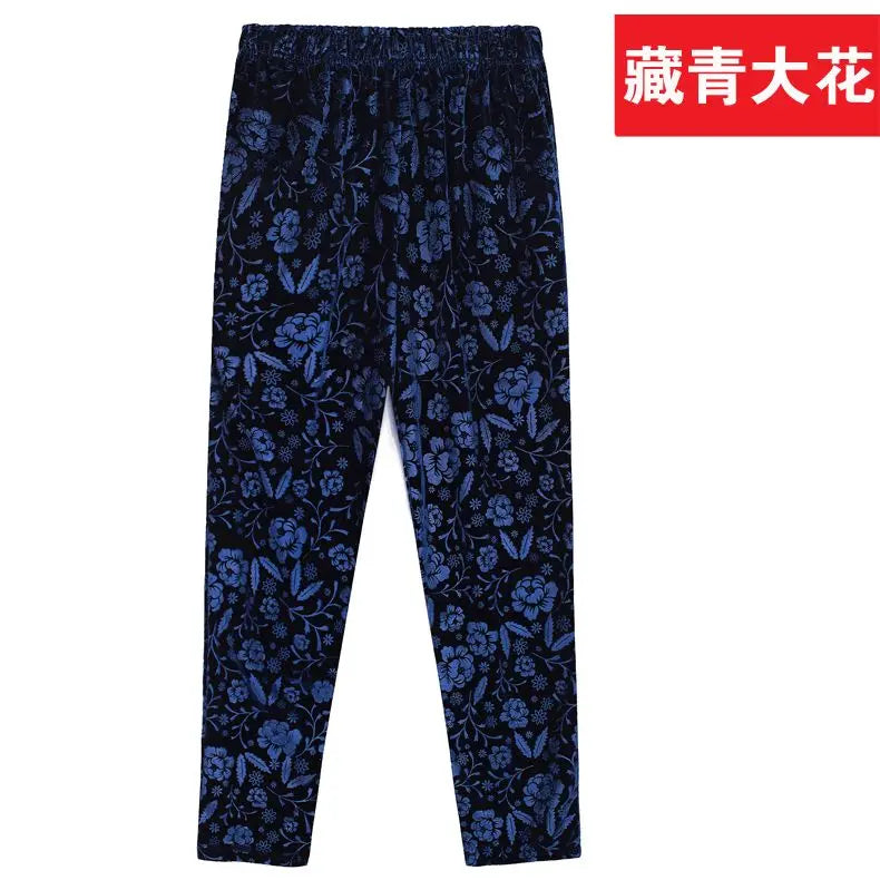 Herbst-Winter-Samthose mit Blumenmuster für Ältere Frauen, Lose Warme Verdickte Freizeithose für Oma und Mutter