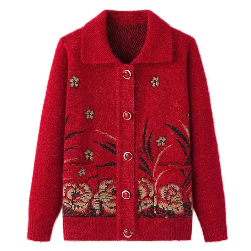 Mittelalterliche Mutter Strickjacke Pullover Mäntel Frühling Herbst Damen Langarm Strickwaren Oberteile 60-70 Jahre alte Oma Kleidung KX16