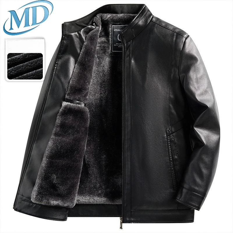 Verdickte Fleece-gefütterte Stehkragen Herren-Lederjacke Winter warmer Mantel für Papa und Opa PU-Leder City Style Casual Outwe