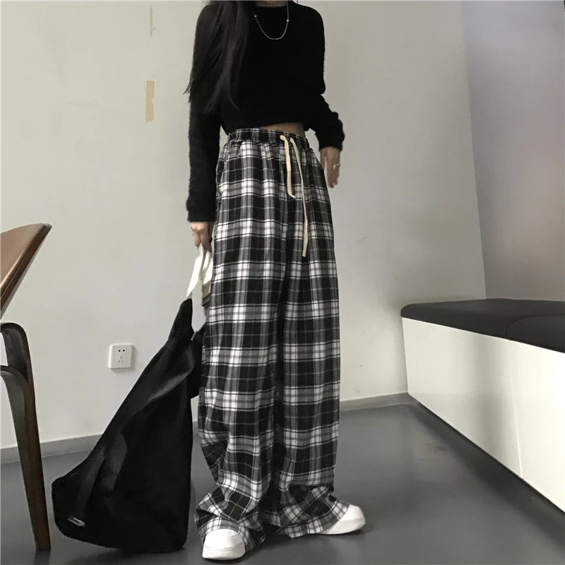 Oversize Frauen Jogginghose Mode Schwarz Plaid Casual Hosen Baggy Elastische Taille Taschen Student Unisex Hip Hop Lose Hosen