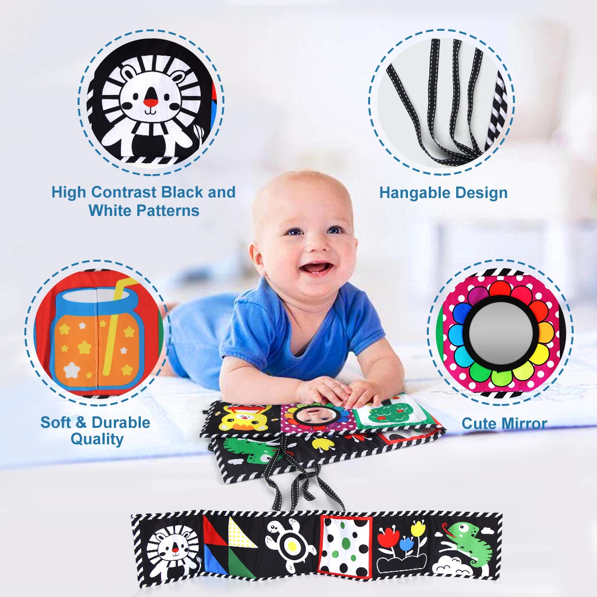 Baby Stoffbuch Hochkontrast-Babyspielzeug 0M+ Neugeborenen-Krippenspielzeug Schwarz-Weiß Tier-Sensorik-Stoffbücher Montessori-Spielzeug
