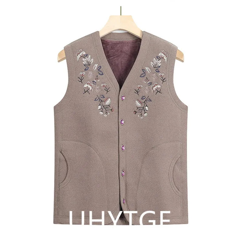 Oma Herbst Winter Weste Frau Stickerei Einreiher Plüsch Warme Ärmellose Jacke Weibliche Casual Weste Mantel 4XL 2925