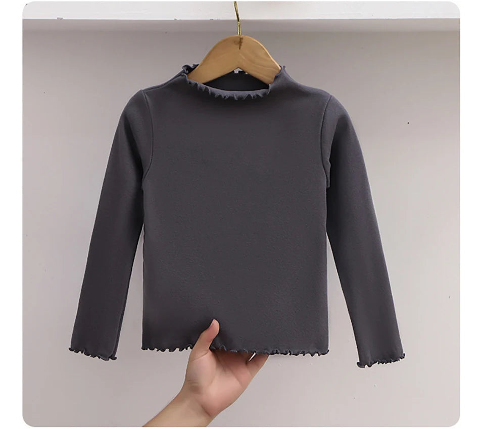 Herbst-Winter-Langarm-T-Shirt für Mädchen, einfarbig, mit Rüschenkragen, modisches, bequemes T-Shirt für den Alltag